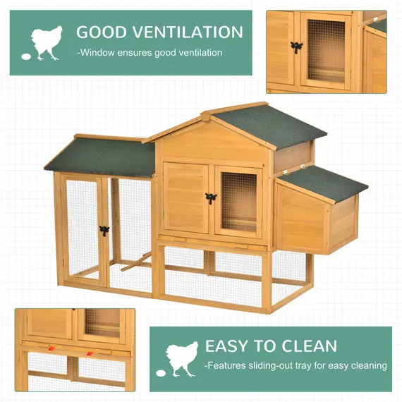 Buy Deluxe Chicken Coop 168cm Small Animal Habitat Hen House Outdoor with Run Nesting Box Slide-out Tray Waterproof Asphalt Roof Lockable Door by PawHut, 3 image