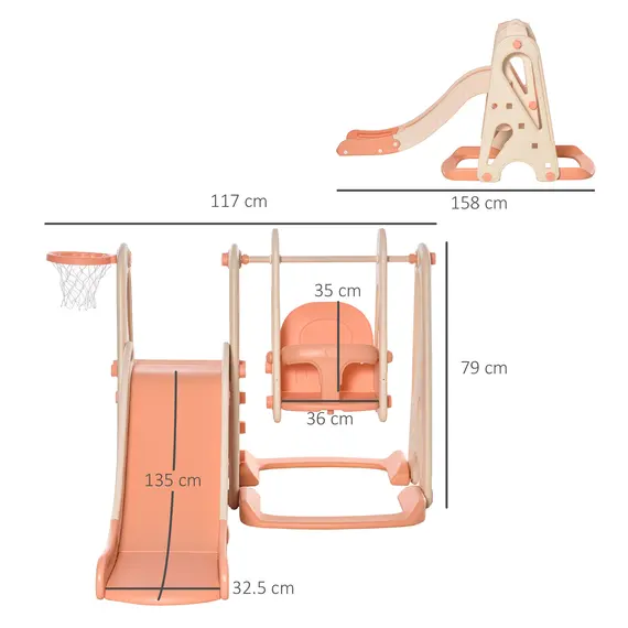 Buy HOMCOM 3 in 1 Design Kids Swing and Slide Set with Basketball Hoop Toddler Playground Play Set Fun Climber Set Activity Center Play Equipment Pink, 2 image