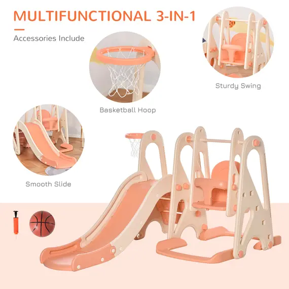 Buy HOMCOM 3 in 1 Design Kids Swing and Slide Set with Basketball Hoop Toddler Playground Play Set Fun Climber Set Activity Center Play Equipment Pink, 6 image