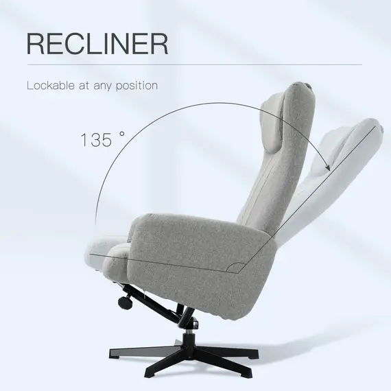 Buy HOMCOM Linen Fabric Recliner and Ottoman Set, Swivel Leisure Lounge Chair with Footstool, 135В° Adjustable Backrest and Thick Foam Padding, Light Grey, 3 image
