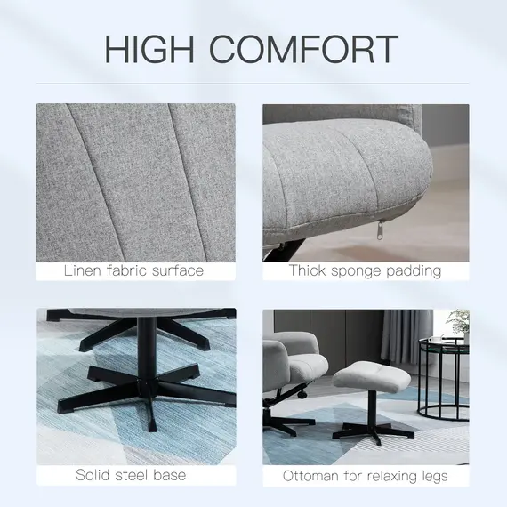 Buy HOMCOM Linen Fabric Recliner and Ottoman Set, Swivel Leisure Lounge Chair with Footstool, 135В° Adjustable Backrest and Thick Foam Padding, Light Grey, 5 image