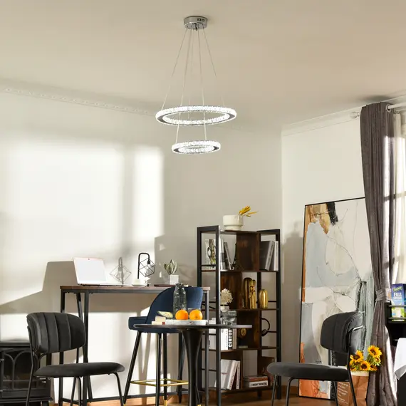 Buy HOMCOM Modern LED Chandelier with 2 Crystal Rings, Dimmable Pendent Ceiling Light Cool Warm White with Adjustable Cable Remote Controller, Silver, 3 image
