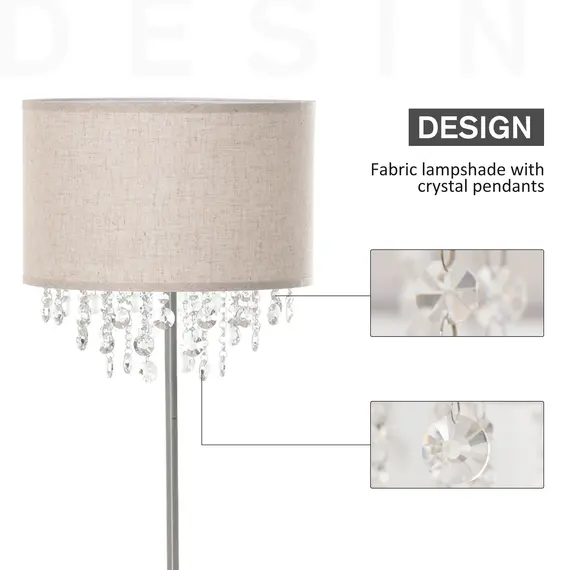 Buy Modern Steel Floor Lamp with Crystal Pendant Fabric Lampshade Floor Switch, Home Style Standing Light, Silver and Cream White, 3 image