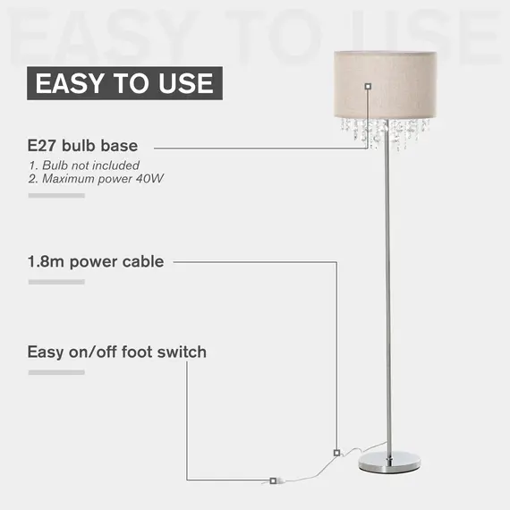 Buy Modern Steel Floor Lamp with Crystal Pendant Fabric Lampshade Floor Switch, Home Style Standing Light, Silver and Cream White, 5 image