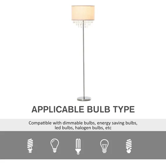 Buy Modern Steel Floor Lamp with Crystal Pendant Fabric Lampshade Floor Switch, Home Style Standing Light, Silver and Cream White, 6 image