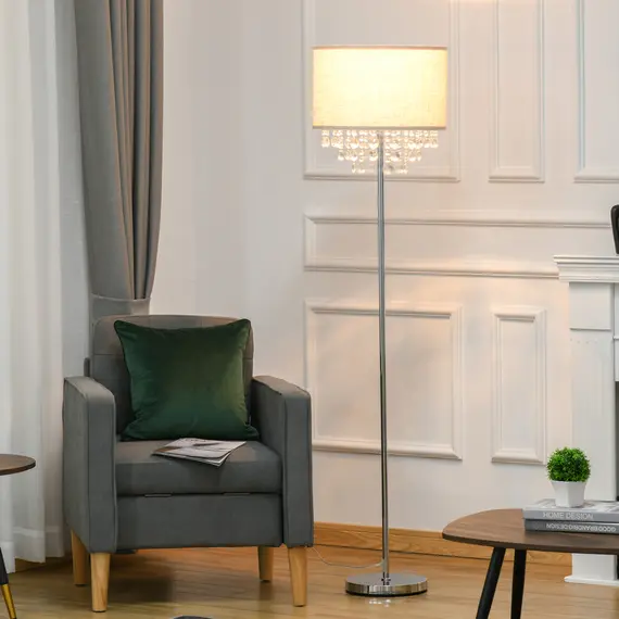 Buy Modern Steel Floor Lamp with Crystal Pendant Fabric Lampshade Floor Switch, Home Style Standing Light, Silver and Cream White