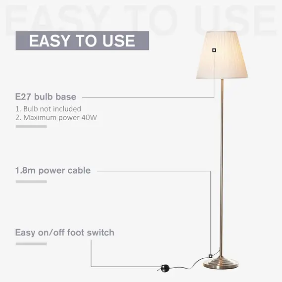 Buy Modern Steel Floor Lamp with Pleated Fabric Lampshade Floor Switch, Home Style Standing Light for Living Room, Office, White and Silver, 5 image