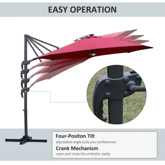 Buy Outsunny 3(m) Cantilever Roma Parasol Adjustable Garden Sun Umbrella with LED Solar Light Cross Base 360В° Rotating, Red, 4 image