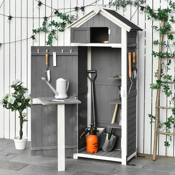 Buy Outsunny Garden Wood Storage Shed with Workstation, Hooks and Ground Nails Multifunction  Lockable Sheds Tool Organizer, 182 x 78 x 52.5cm, Grey