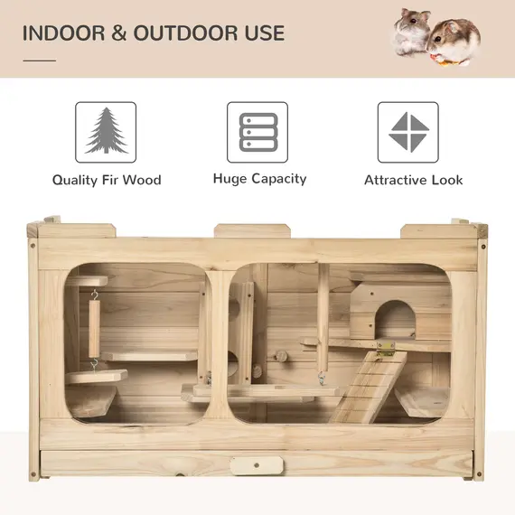 Buy PawHut Large Wooden Hamster Cage Rodent Mouse Pet Small Animal Kit Activity Center Play House for Indoor  78 x 40 x 44 cm, Natural, 3 image