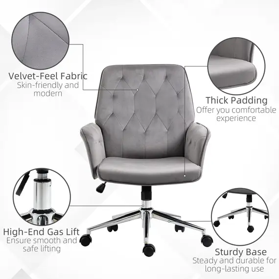 Buy Vinsetto Velvet-Feel Fabric Office Swivel Chair Mid Back Computer Desk Chair with Adjustable Seat, Arm - Deep Grey, 6 image