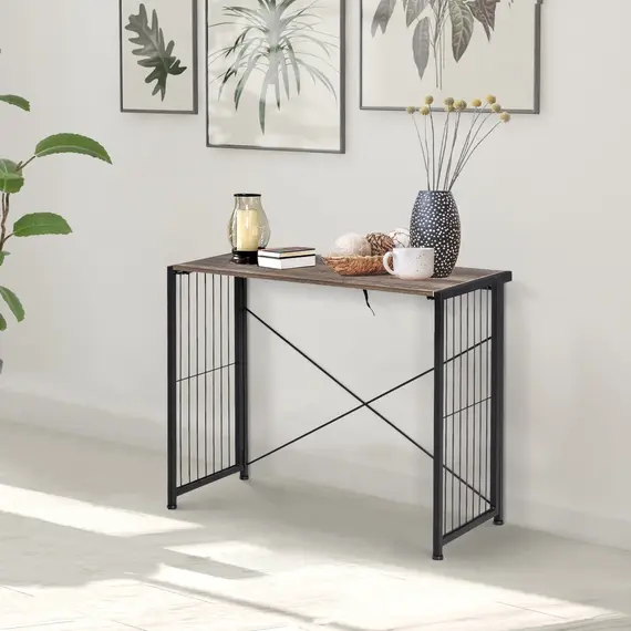 Buy Folding Computer Desk Writing Study Table Industrial Home Office Workstation, 90 x 45 x 74cm, Rustic Brown, 7 image