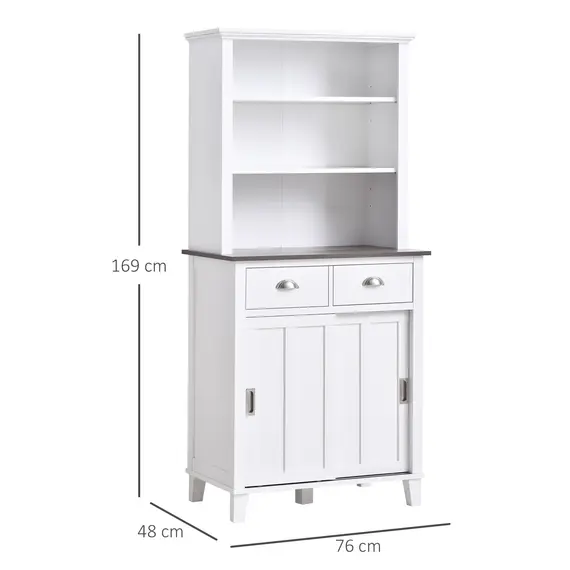 Buy HOMCOM Freestanding Kitchen Cupboard, Storage Cabinet with Sliding Doors and Open Shelves, Adjustable Shelving, White, 2 image