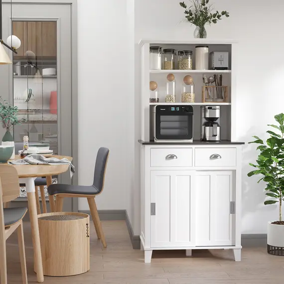 Buy HOMCOM Freestanding Kitchen Cupboard, Storage Cabinet with Sliding Doors and Open Shelves, Adjustable Shelving, White, 5 image