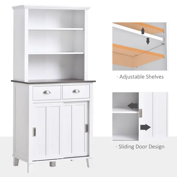 Buy HOMCOM Freestanding Kitchen Cupboard, Storage Cabinet with Sliding Doors and Open Shelves, Adjustable Shelving, White, 6 image