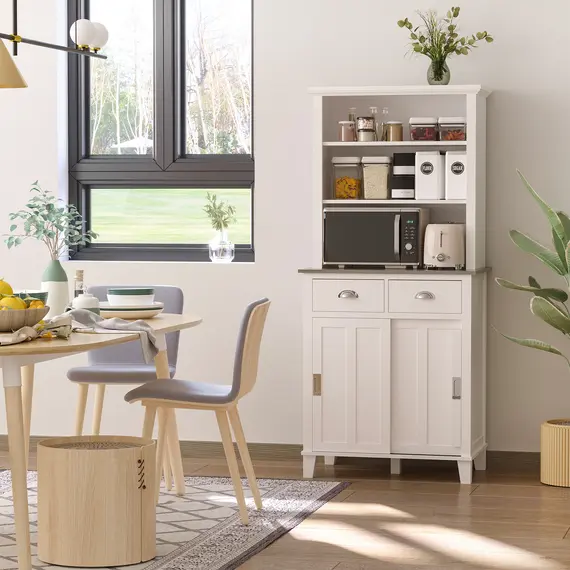 Buy HOMCOM Freestanding Kitchen Cupboard, Storage Cabinet with Sliding Doors and Open Shelves, Adjustable Shelving, White, 8 image