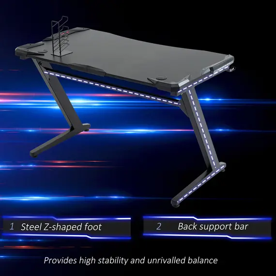 Buy HOMCOM Gaming Desk, Ergonomic Home Office Desk, Gamer Workstation Racing Table, with Headphone Hook and Cup Holder, 122 x 66 x 86cm, Black, 5 image