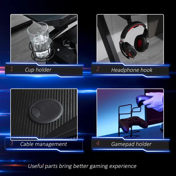 Buy HOMCOM Gaming Desk, Ergonomic Home Office Desk, Gamer Workstation Racing Table, with Headphone Hook and Cup Holder, 122 x 66 x 86cm, Black, 6 image