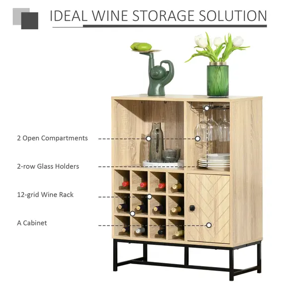 Buy HOMCOM Wine Cabinet for 12 Bottles, Freestanding Wine Rack Sideboard Serving Bar with Glass Holders, Brown, 3 image