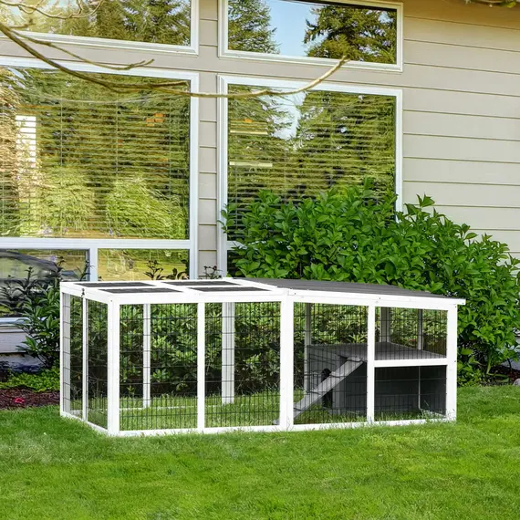 Buy PawHut Indoor Outdoor Wooden Rabbit Hutch Small Animal Cage Rabbit Run Cover, with Hinge roof and Water-repellent Paint, Grey
