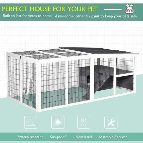 Buy PawHut Indoor Outdoor Wooden Rabbit Hutch Small Animal Cage Rabbit Run Cover, with Hinge roof and Water-repellent Paint, Grey, 3 image