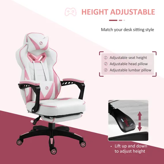 Buy Vinsetto Ergonomic Racing Gaming Chair Office Desk Chair Adjustable Height Recliner with Wheels,Lumbar Support Retractable Footrest Home Office, Pink, 3 image
