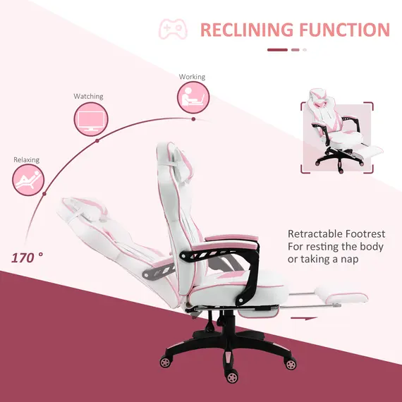 Buy Vinsetto Ergonomic Racing Gaming Chair Office Desk Chair Adjustable Height Recliner with Wheels,Lumbar Support Retractable Footrest Home Office, Pink, 4 image