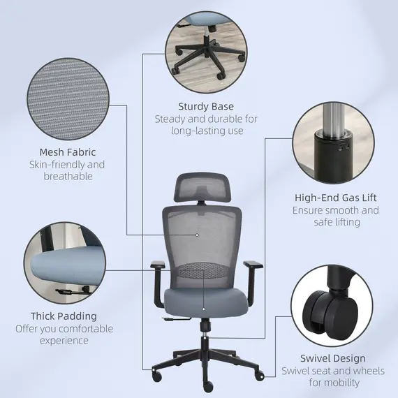 Buy Vinsetto Mesh Home Office Chair with Lumbar Back Support, Coat Hanger High Back Swivel Task Chair, Adjustable Height Head Pillow, Blue Grey, 8 image