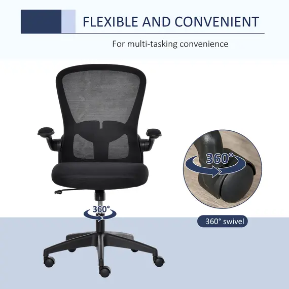 Buy Vinsetto Mesh Office Chair Swivel Task Desk Chair for Home with Lumbar Back Support, Adjustable Height, Flip-Up Arm, Black, 7 image