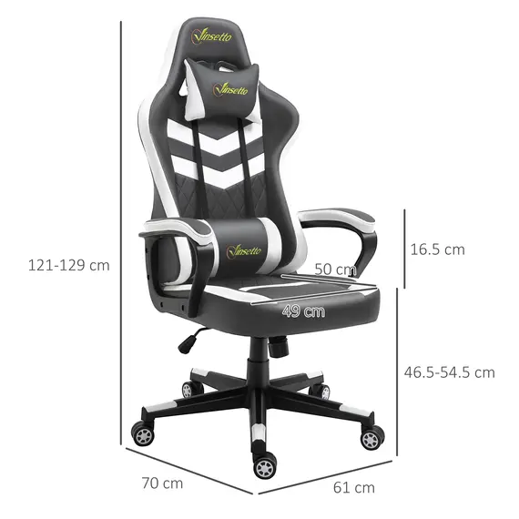 Buy Vinsetto Racing Gaming Chair with Lumbar Support, Headrest, Swivel Wheel, PVC Leather Gamer Desk Chair for Home Office, Grey White, 2 image