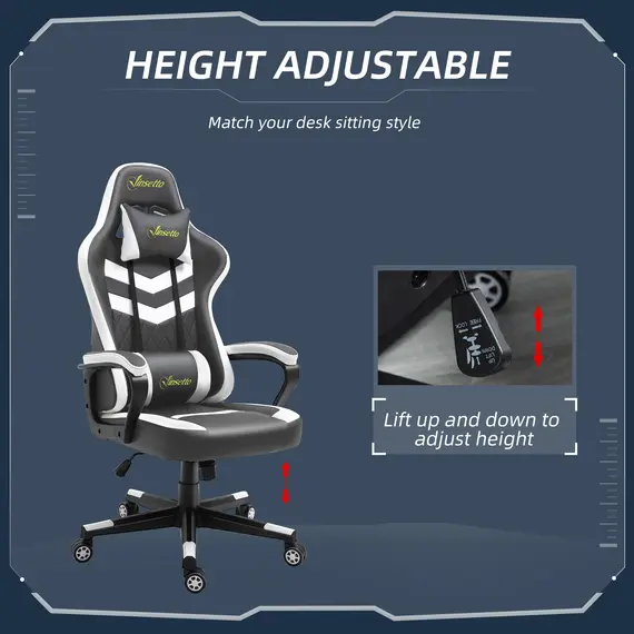 Buy Vinsetto Racing Gaming Chair with Lumbar Support, Headrest, Swivel Wheel, PVC Leather Gamer Desk Chair for Home Office, Grey White, 3 image
