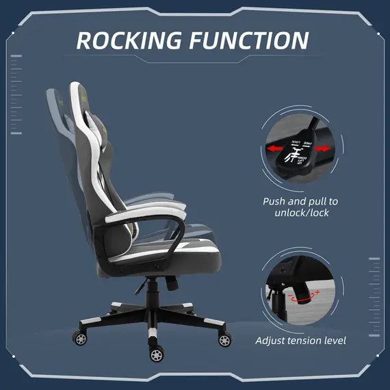 Buy Vinsetto Racing Gaming Chair with Lumbar Support, Headrest, Swivel Wheel, PVC Leather Gamer Desk Chair for Home Office, Grey White, 4 image