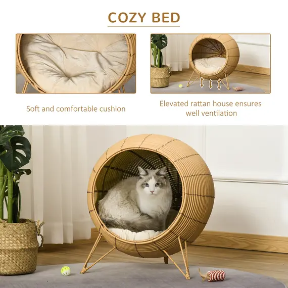 Buy Wicker Cat Bed Elevated Rattan Kitten Basket Pet Den. House Cozy Cave with Soft Cushion О¦52 x 58cm Light Brown, 4 image