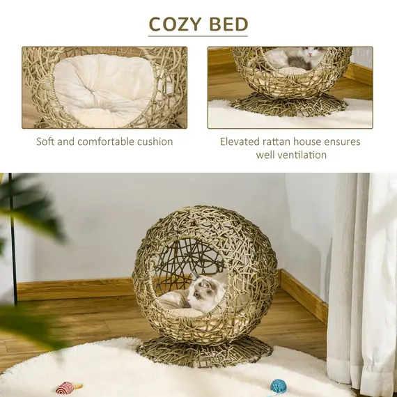 Buy Wicker Cat Bed Elevated Rattan Kitten Basket Pet Den. House Cozy Cave with Soft Cushion О¦48 x 52cm Brown, 4 image
