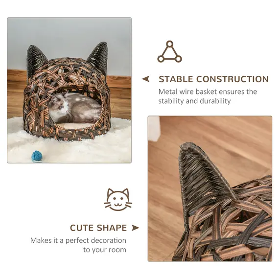 Buy Wicker Cat Bed Rattan Kitten Basket Pet Den. House Cozy Cute-shaped Cave with Soft Cushion Brown, 3 image