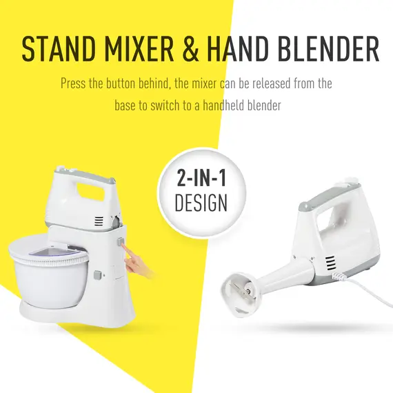 Buy 300W Stand Mixer, Hand Blender with 6 Speed, Electric Hand Whisk, 3.4 Litre Mixing Bowl, Whisk, Dough Hooks and Beater, Stainless Steel, 3 image