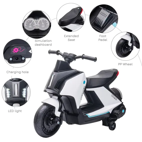 Buy 6V Kids Electric Motorbike Ride On Toy w/ Music Headlights Safety Training Wheels for Girls Boy 2-4 Years White, 5 image