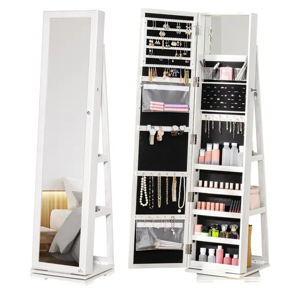 Buy 360° Swivel Jewellery Cabinet with Full Length Mirror, Lockable Jewellery Organiser with Built-in Makeup Mirror and Storage Shelves for Bedroom, White