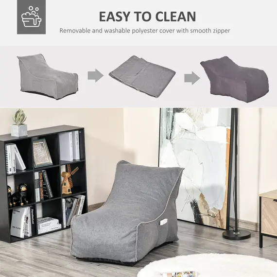 Buy Bean Bag Chair, Large Foam Stuffed lounger Indoor Furniture with Washable Cover, Side Pockets and Backrest, Dark Grey, 4 image