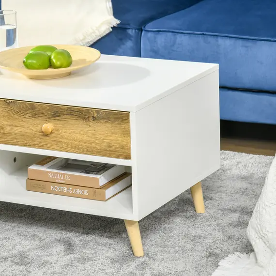 Buy Coffee Table Rectangular End Table Side Table with 2 Drawers and 2 Shelves for Living Room, Bedroom, Office, White and Brown, 6 image