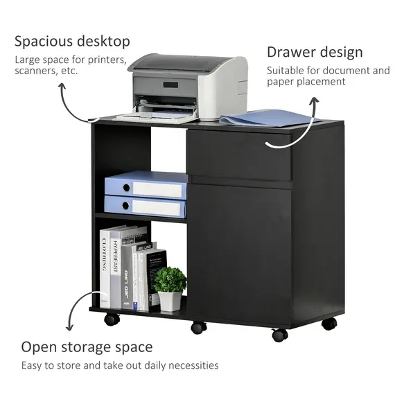 Buy Filing Cabinet/Printer Stand with Open Storage Shelves, for Home or Office Use, Including an Easy Drawer, Black, 3 image