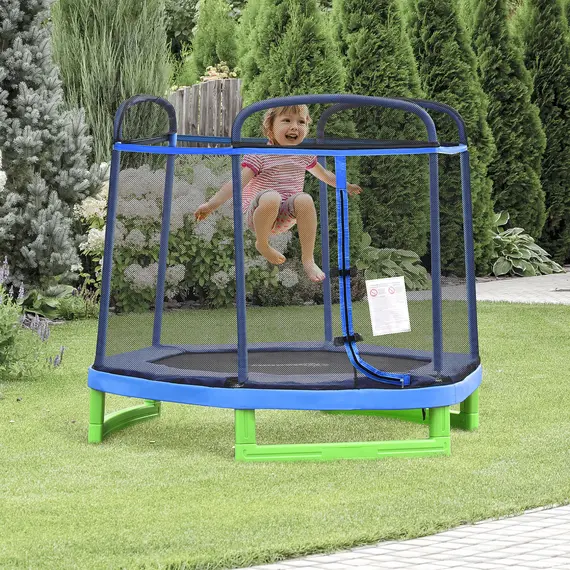 Buy HOMCOM 215 cm Kids Trampoline Indoor Bouncer Jumper w/ Security Enclosure Net Spring Gym Play Children for 3-12 Years Old Blue