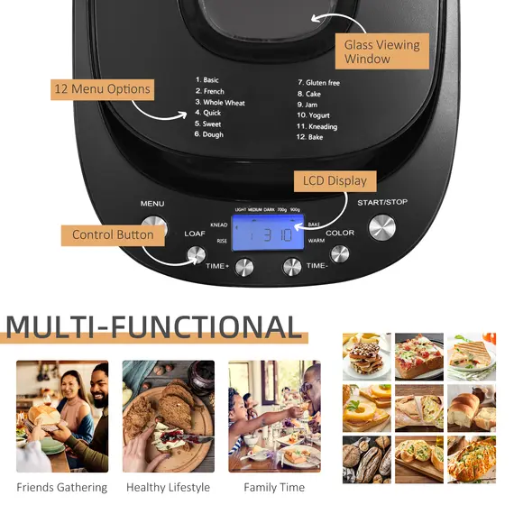 Buy HOMCOM Digital Bread Maker 550W 12-in-1 Programmed Bread Machine with 13-Hour Delay Timer 60 Minutes Keep Warm Function Non-stick Pan 3 Crust Colours, 6 image