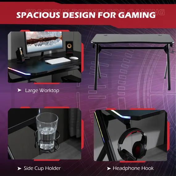 Buy HOMCOM Gaming Desk Computer Table Metal Frame with LED Light, Cup Holder, Headphone Hook, Cable Hole, Black, 3 image