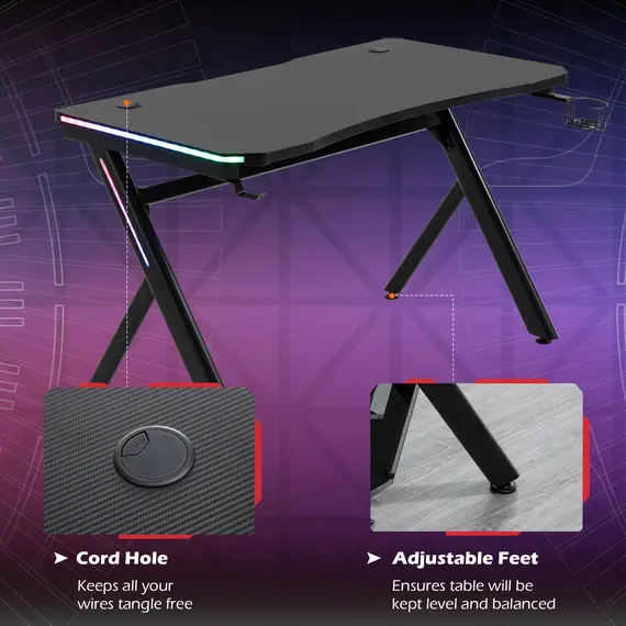 Buy HOMCOM Gaming Desk Computer Table Metal Frame with LED Light, Cup Holder, Headphone Hook, Cable Hole, Black, 4 image