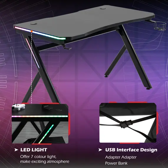 Buy HOMCOM Gaming Desk Computer Table Metal Frame with LED Light, Cup Holder, Headphone Hook, Cable Hole, Black, 5 image