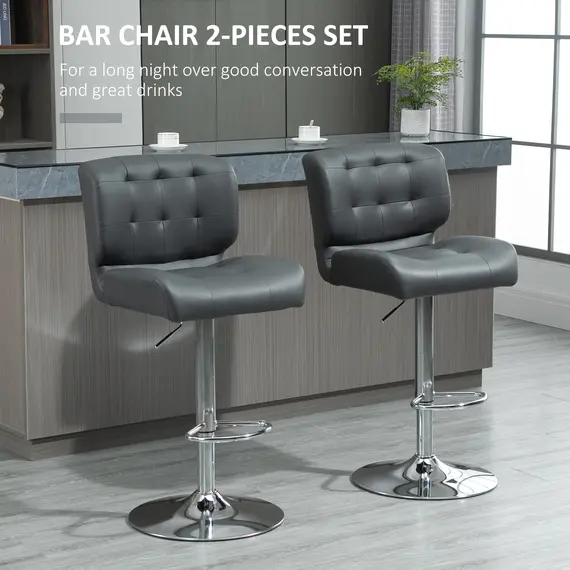 Buy HOMCOM Set Of 2 PU Leather Tufted Bar Stools Chairs Dining Seats Adjustable Height Swivel w/ Footrest for Kitchen Counter Home Bar Grey, 3 image