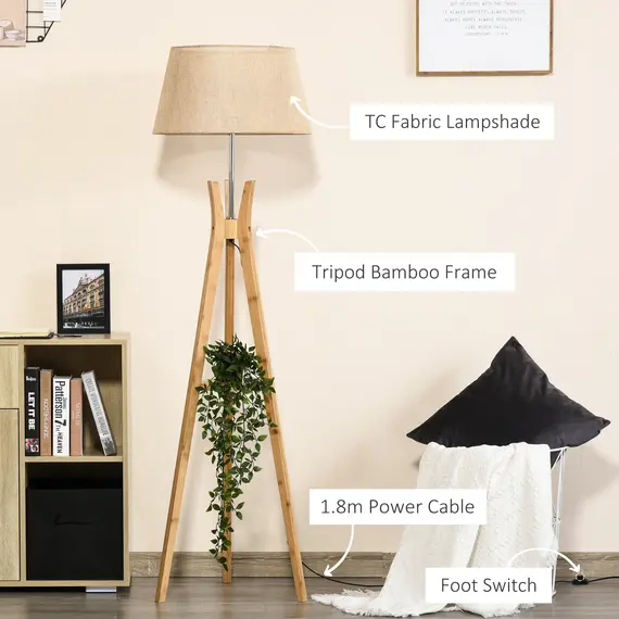 Buy HOMCOM Tripod Floor Lamp Light E27 Base Bedroom Living Room Natural Wood Fabric Shade Storage Shelf Foot Switch, 156cm, Beige, 3 image