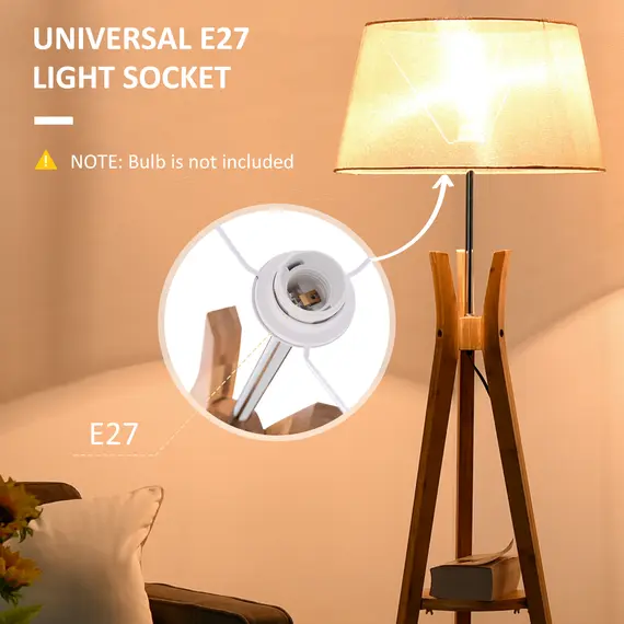 Buy HOMCOM Tripod Floor Lamp Light E27 Base Bedroom Living Room Natural Wood Fabric Shade Storage Shelf Foot Switch, 156cm, Beige, 4 image