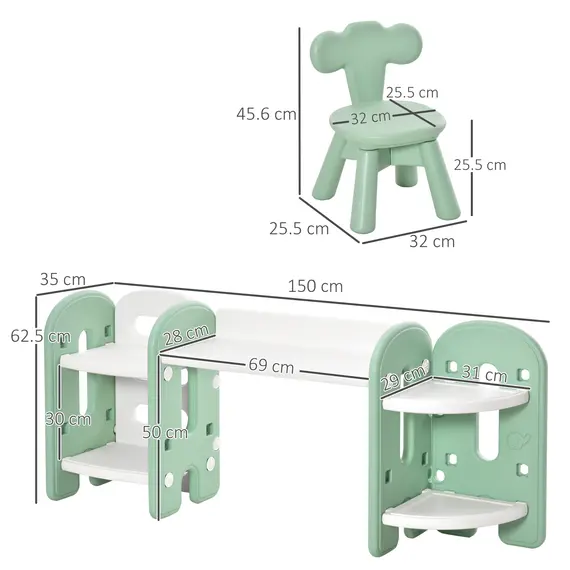 Buy Kids Table and Chair Set Play Table with Storage Children Toddler Playroom Bedroom Furniture PE Green and White for 1-4 years, 2 image